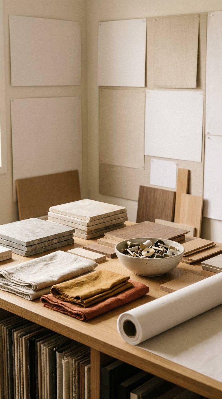 Studio sample table with stone tiles, folded linen and wool cuttings, and timber offcuts