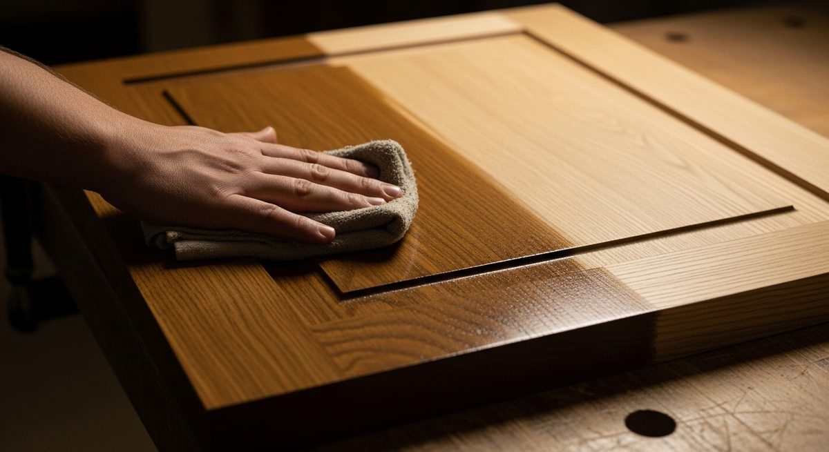Oil finish being rubbed into an oak cabinet door