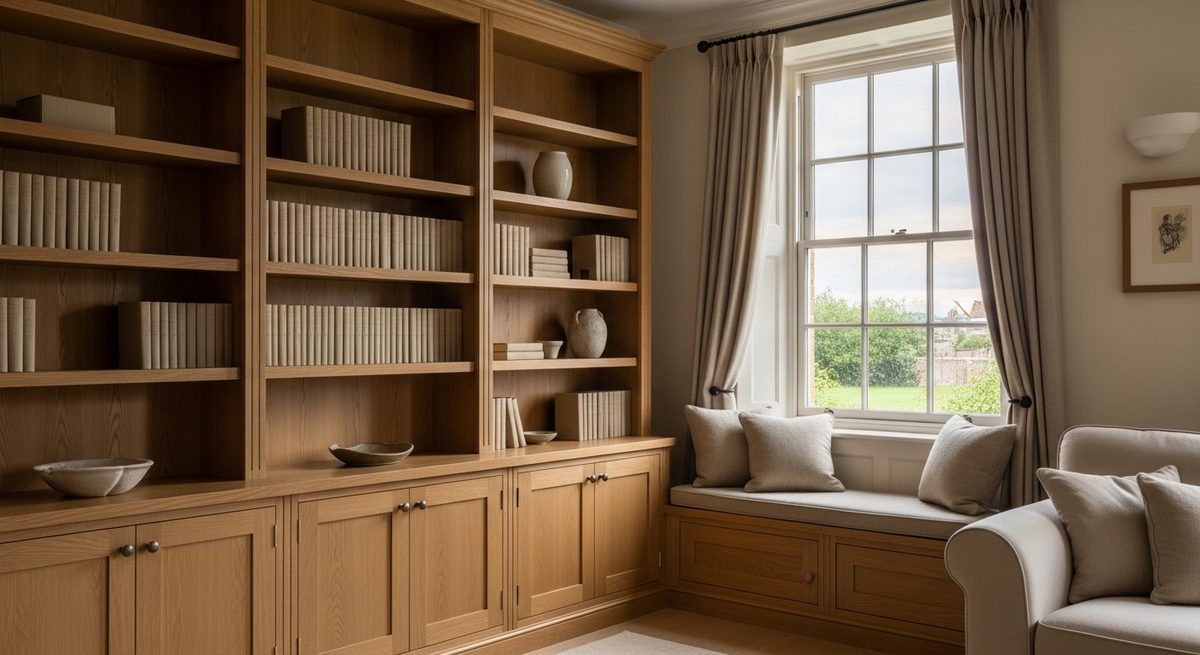 Fitted oak bookcase wall with a window seat in a panelled room