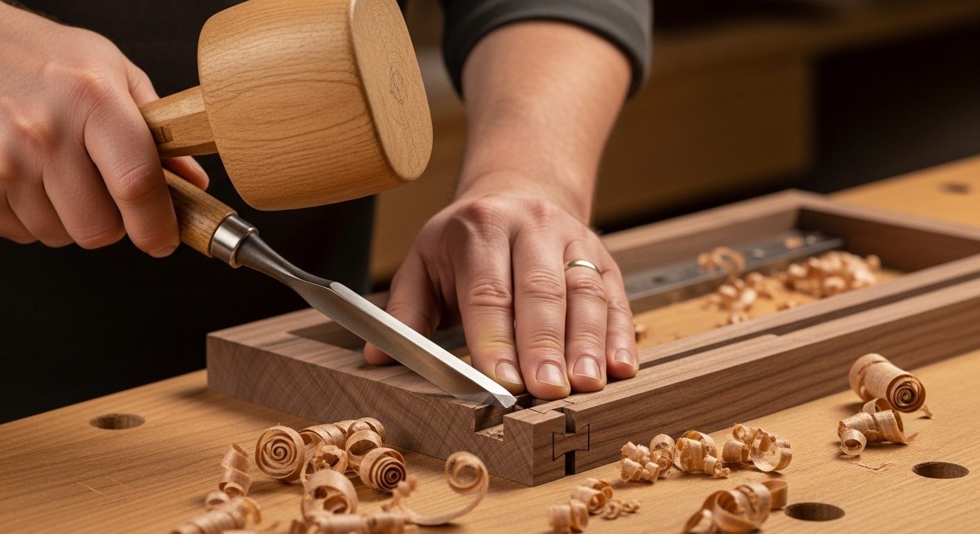 A cabinetmaker cutting a dovetail joint in walnut with a chisel and mallet