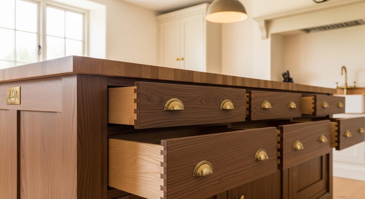 Walnut kitchen island with dovetailed drawers and brass pulls