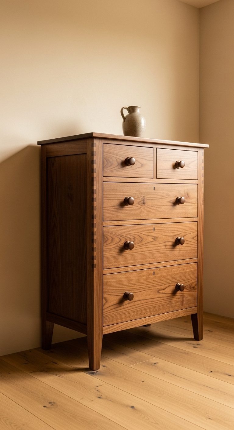 Solid walnut chest of drawers with exposed hand-cut dovetails