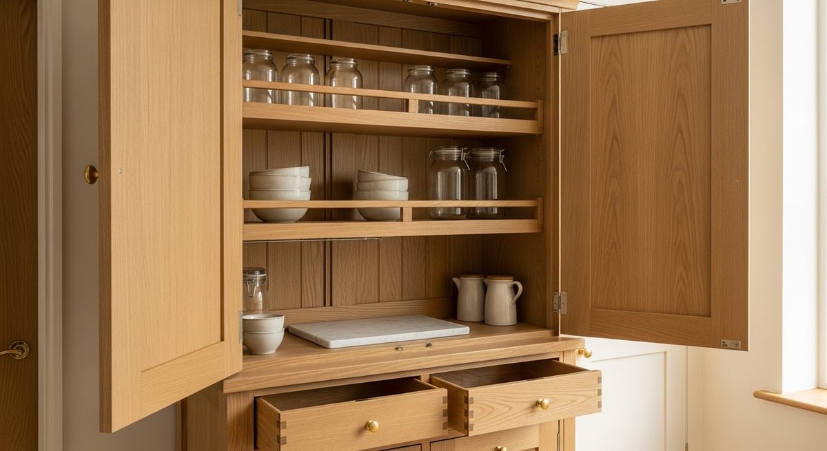 Oiled oak larder cupboard standing open