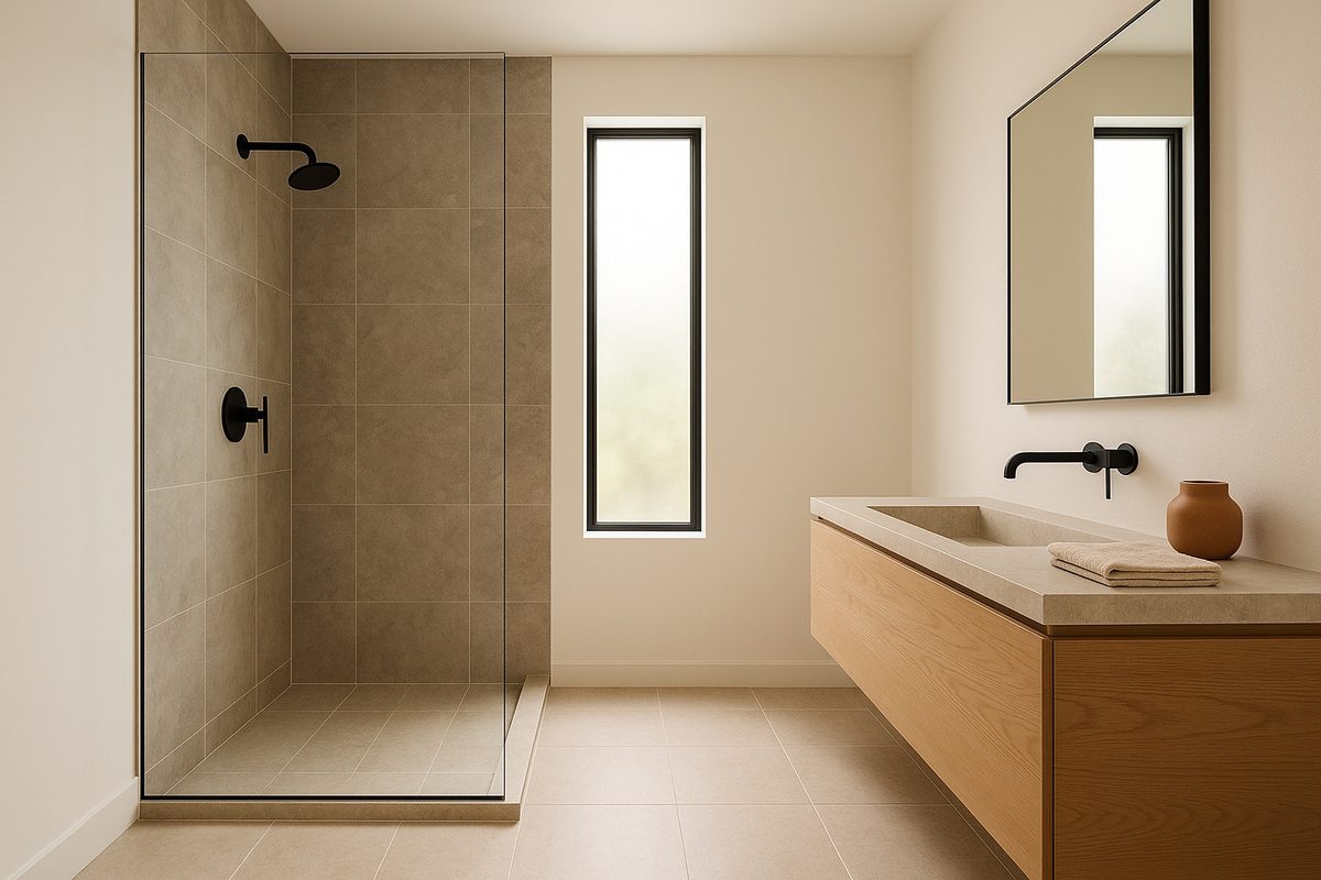 Remodeled bathroom with a curbless walk-in shower and floating oak vanity