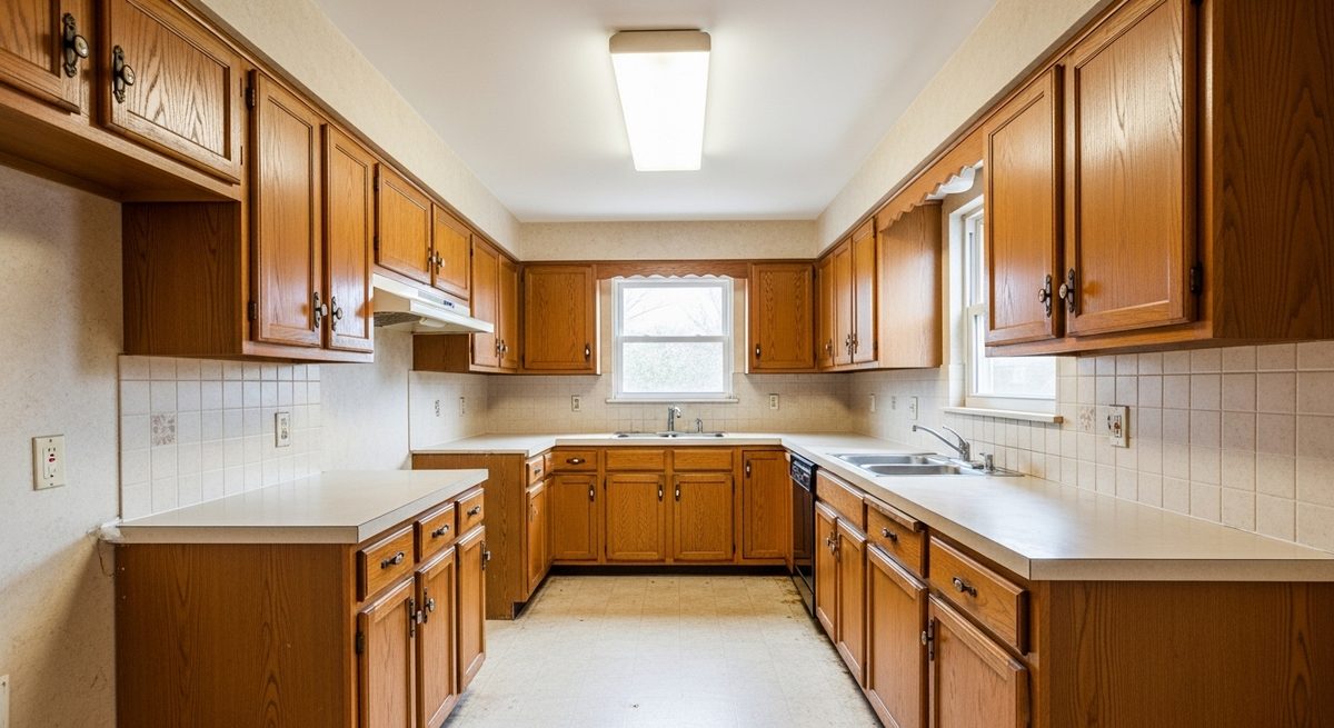 A dated 1980s galley kitchen with oak raised panel cabinets and laminate counters before renovation