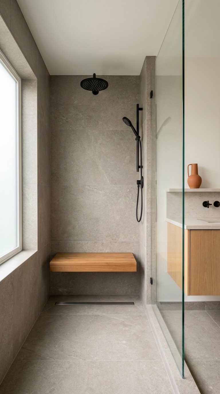 Compact curbless wet room in warm grey stone tile with a teak bench