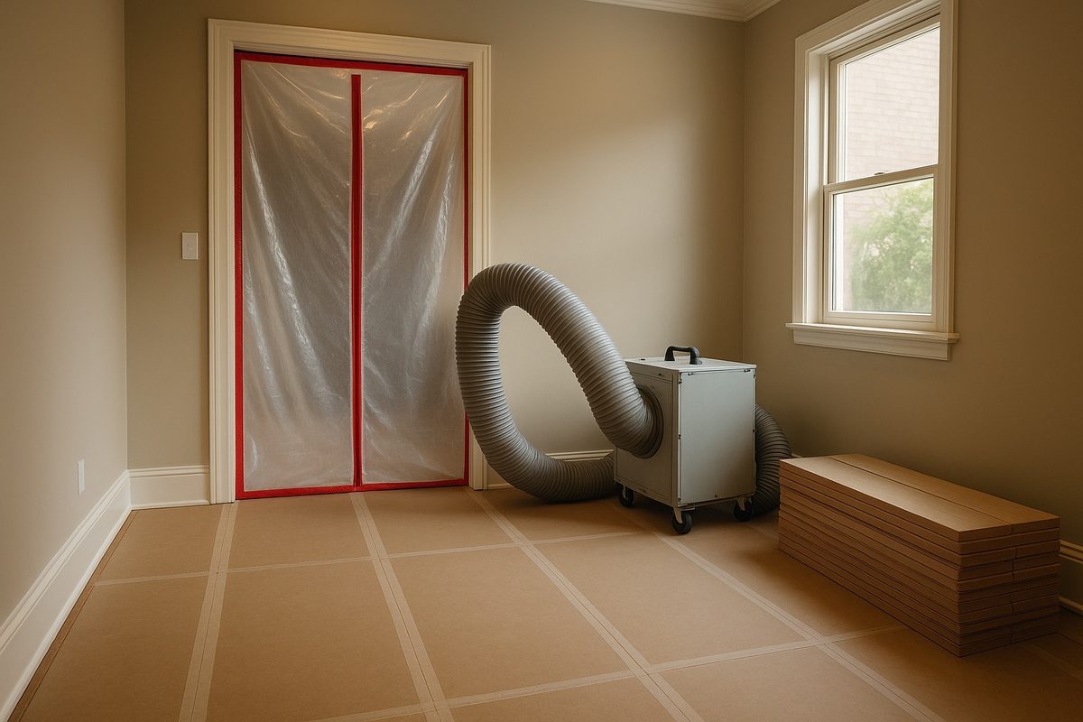 Zippered dust barrier and taped floor protection sealing off a renovation work area