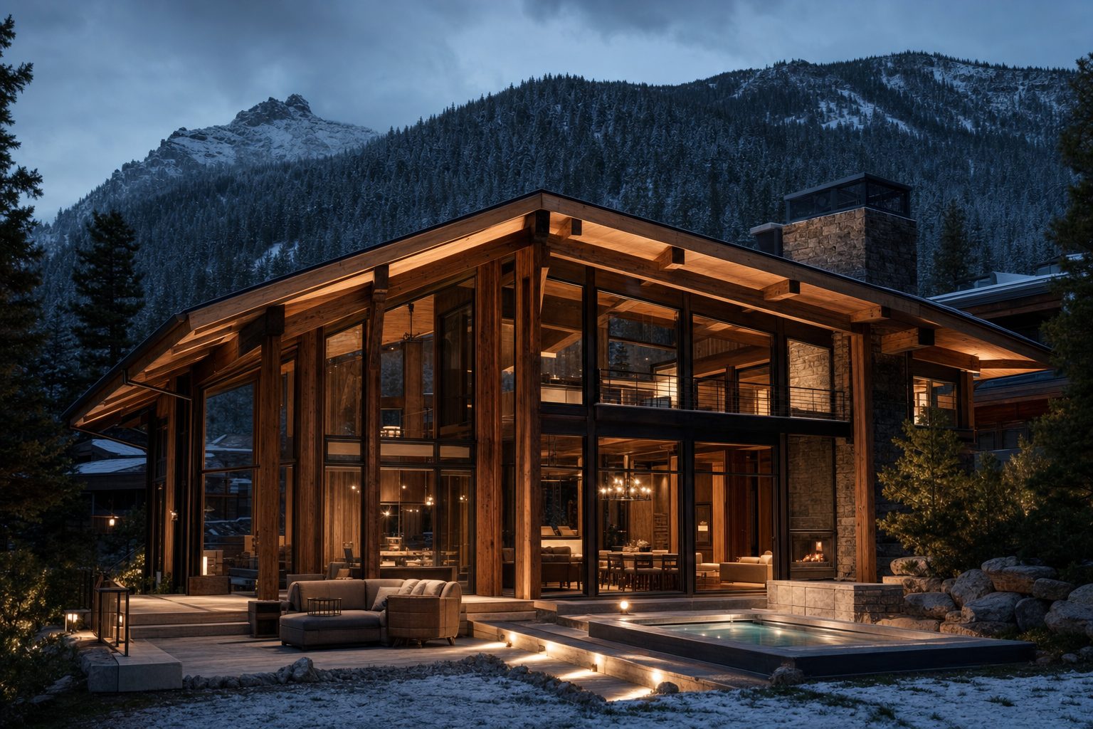 Timber-frame mountain home glowing at dusk beneath an evergreen ridge