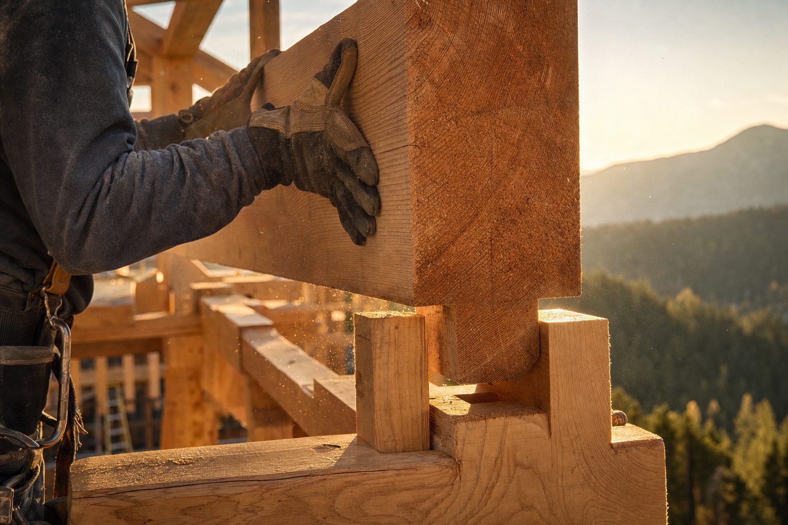 Carpenter guiding a timber beam into place on a mountain site at sunrise