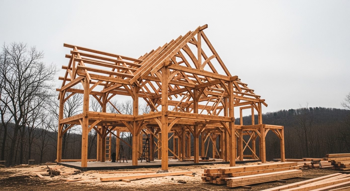 A heavy timber house frame standing complete on a rural site before sheathing