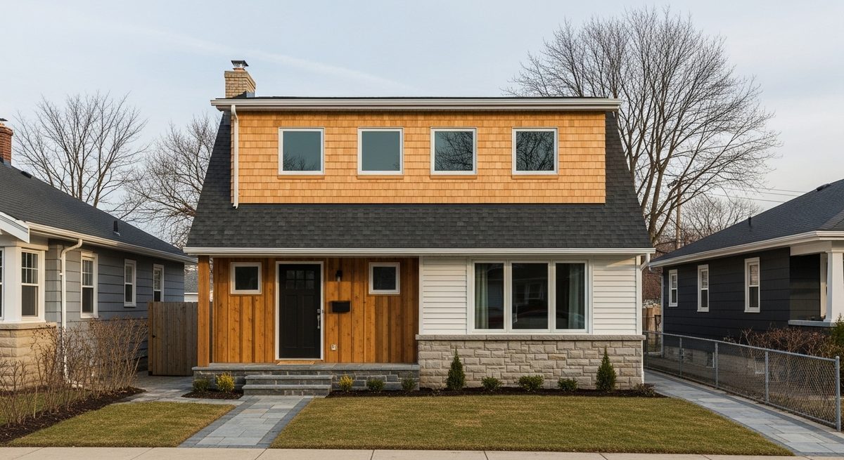 House with a new cedar-clad second story above painted clapboard