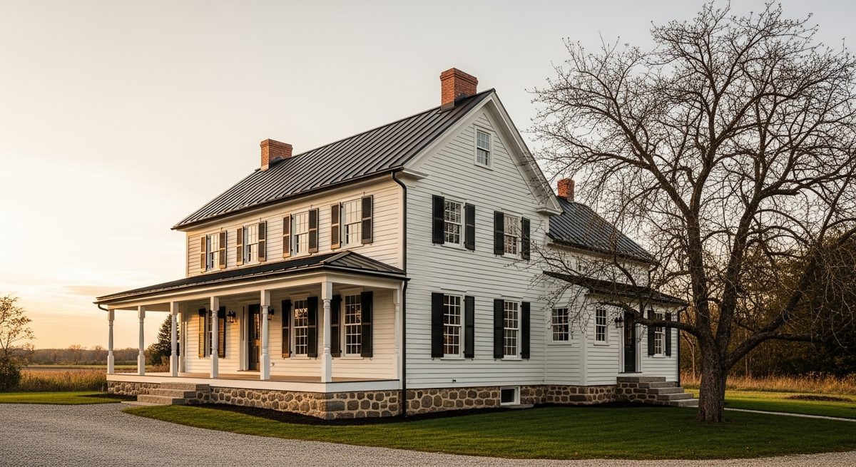 Restored early twentieth century farmhouse with a wraparound porch and a dark metal roof