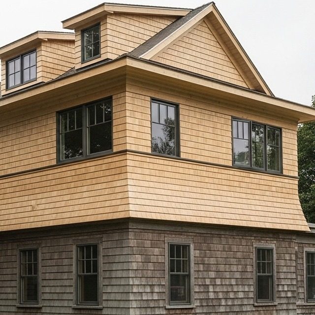 New cedar shingle cladding meeting the weathered original shingles below