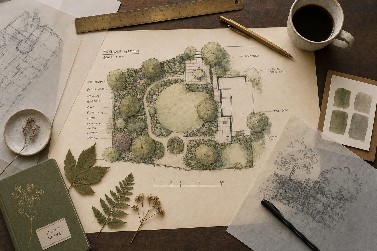Drafting table with hand-drawn garden plan, pressed leaves, and brass tools