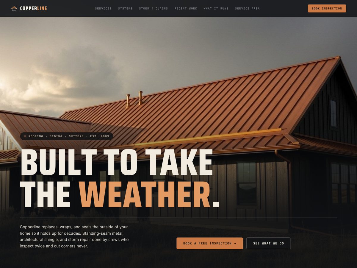 Copperline roofing and exteriors concept homepage
