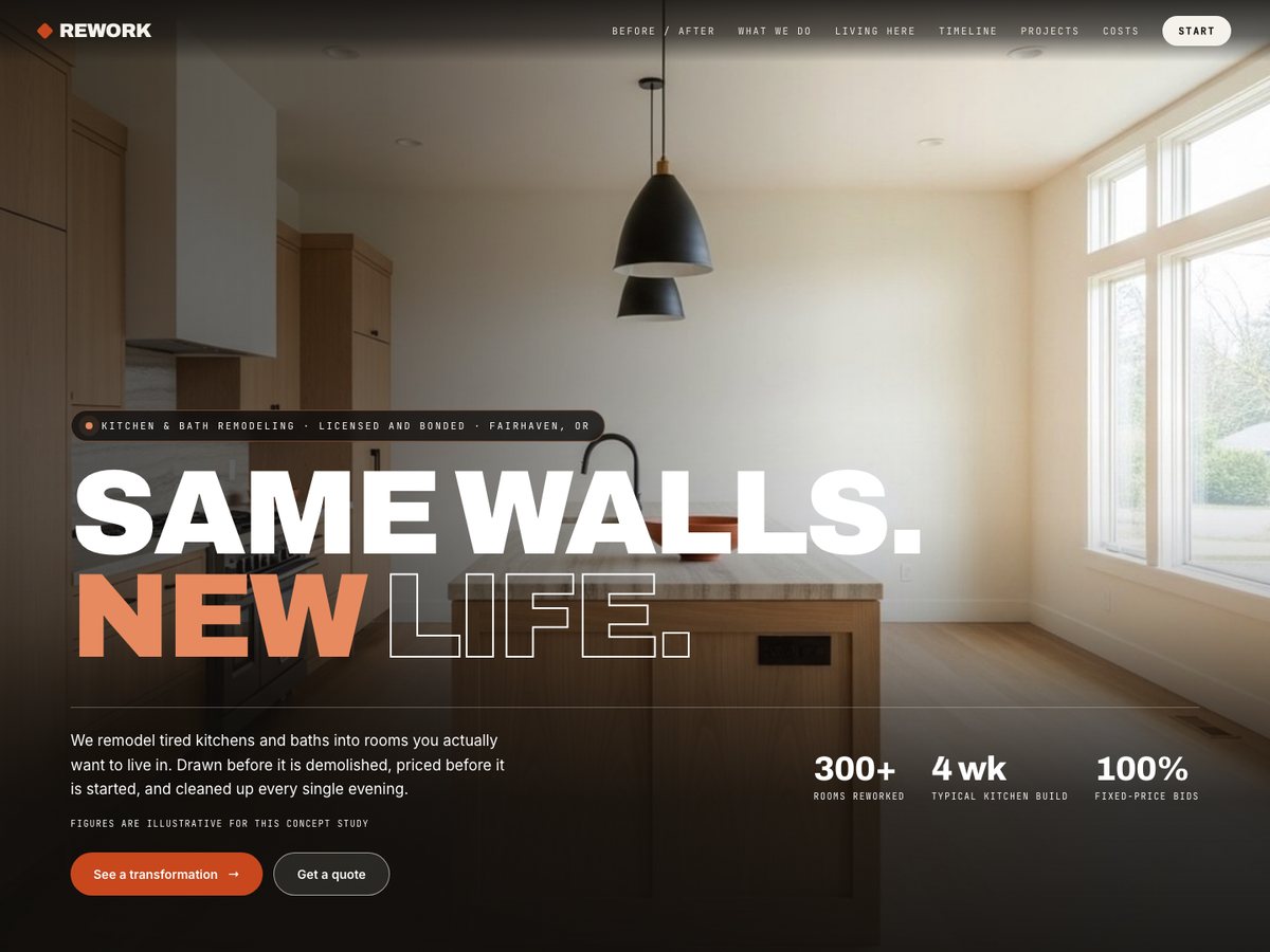 Rework kitchen and bath remodeling concept homepage