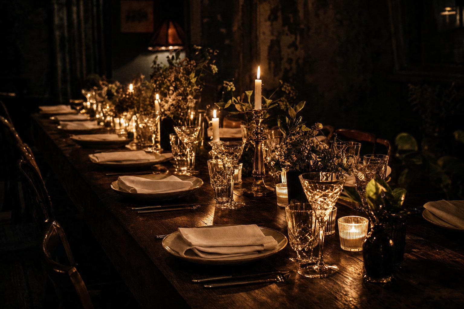 Long candlelit supper club table set for an intimate dinner
